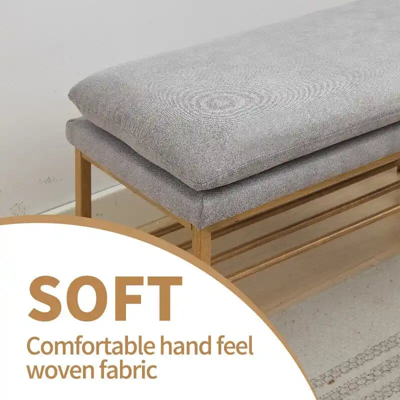 Banc de bout de lit avec étagère, banc à chaussures de rangement rembourré en lin, banc de chambre moderne avec pieds en métal