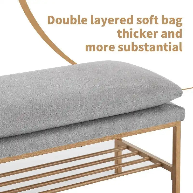 Banc de bout de lit avec étagère, banc à chaussures de rangement rembourré en lin, banc de chambre moderne avec pieds en métal