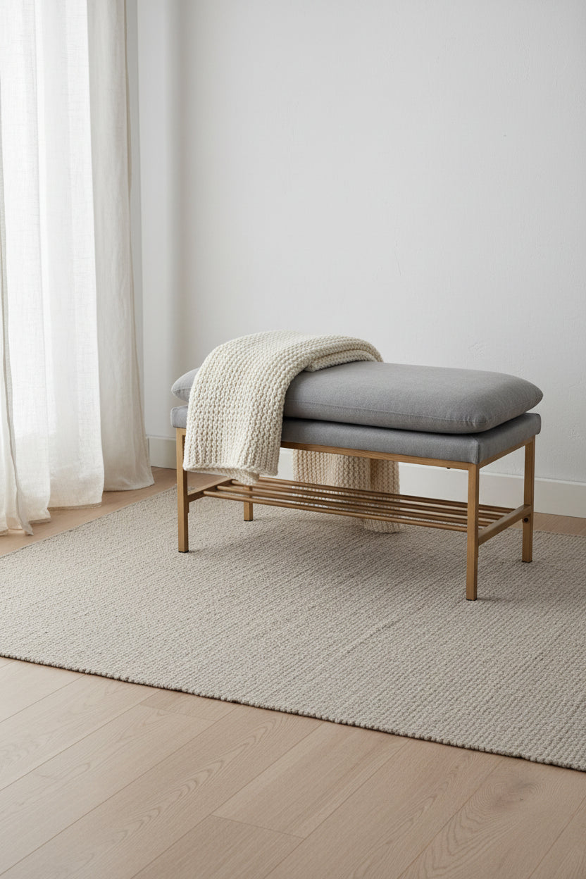 End of Bed Bench with Shelf, Linen Upholstered Storage Shoe Bench, Modern Bedroom Bench with Metal Legs