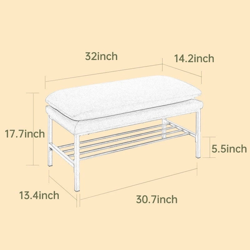 Banc de bout de lit avec étagère, banc à chaussures de rangement rembourré en lin, banc de chambre moderne avec pieds en métal
