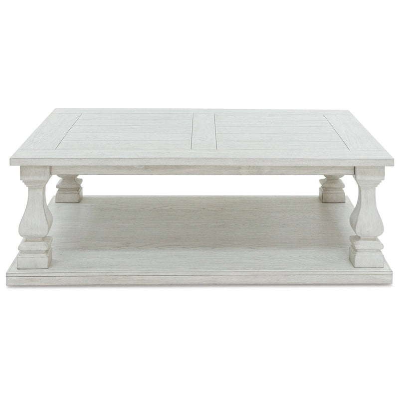 Table basse cocktail, plateau à lattes, balustres, bois blanc 54 pouces
