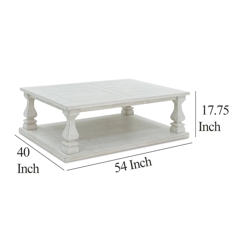 Table basse cocktail, plateau à lattes, balustres, bois blanc 54 pouces