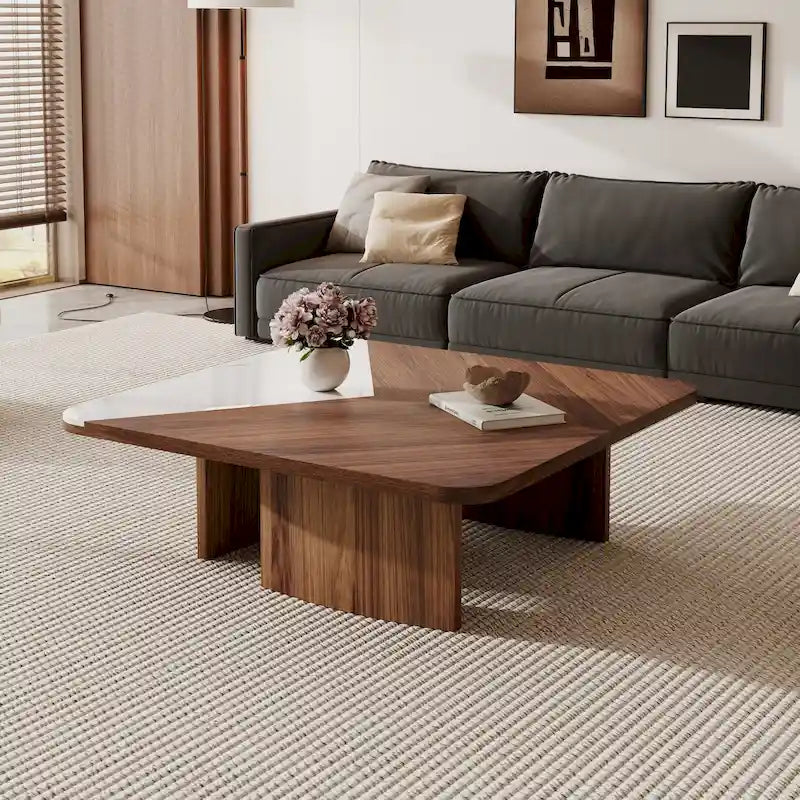 Table basse carrée moderne de 90 cm, placage en bois massif avec plateau en pierre frittée blanche