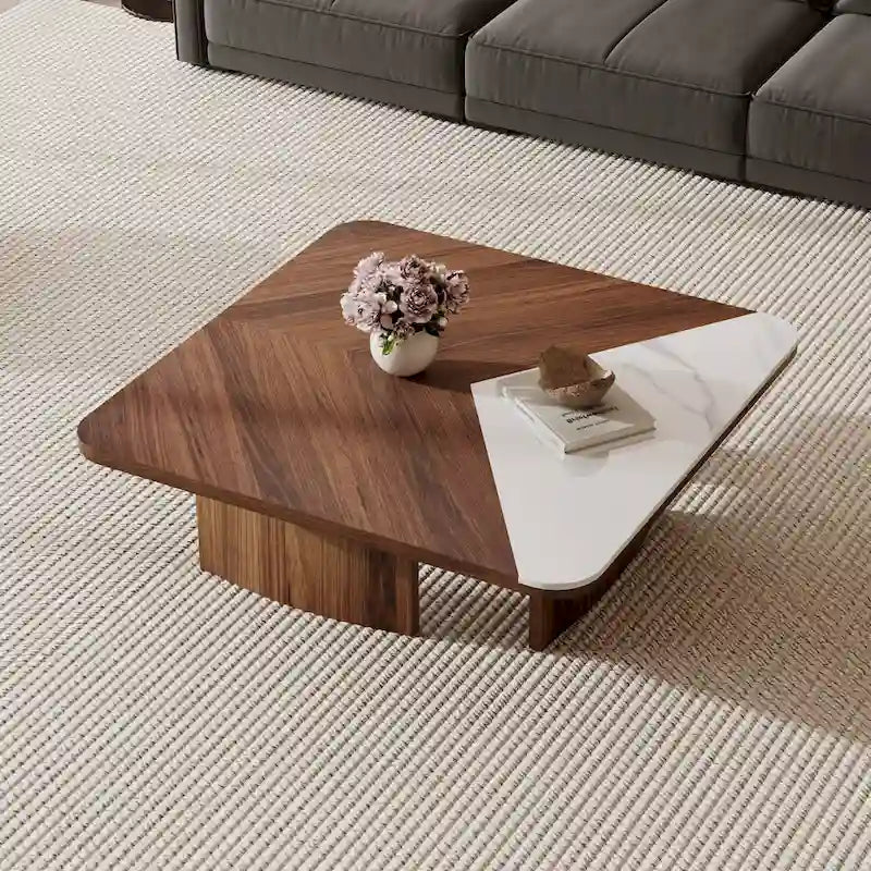 Table basse carrée moderne de 90 cm, placage en bois massif avec plateau en pierre frittée blanche
