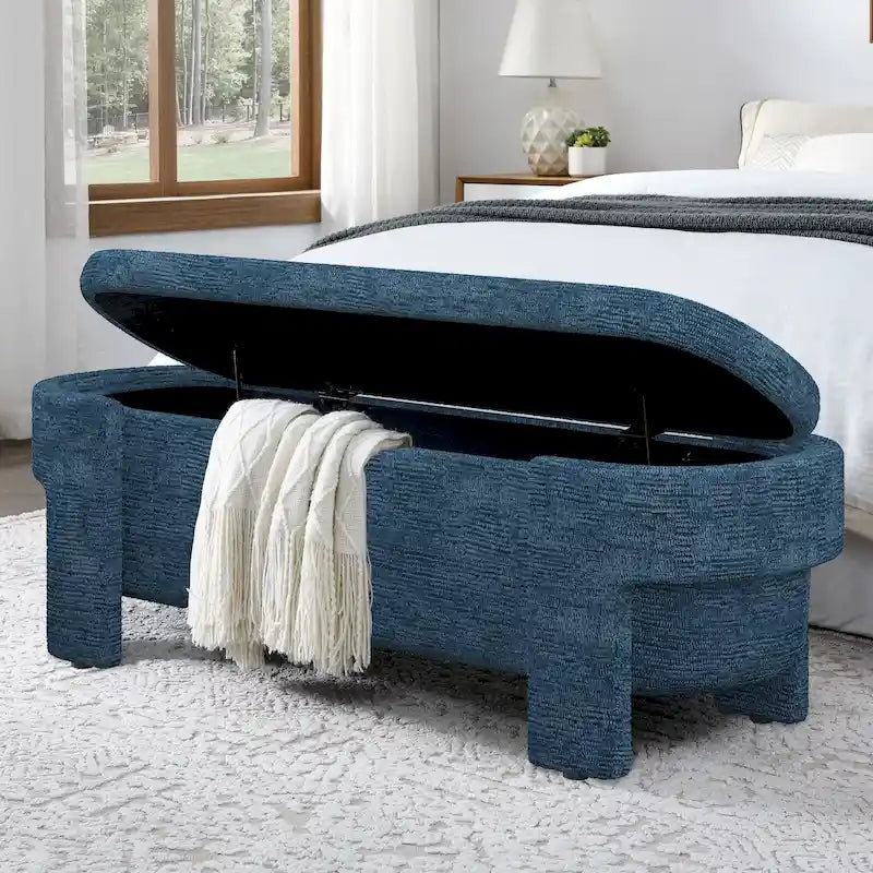 Banc de rangement capitonné Pouf ovale avec grand espace de rangement, Banc de bout de lit Repose-pieds en tissu de lin pour chambre à coucher et salon