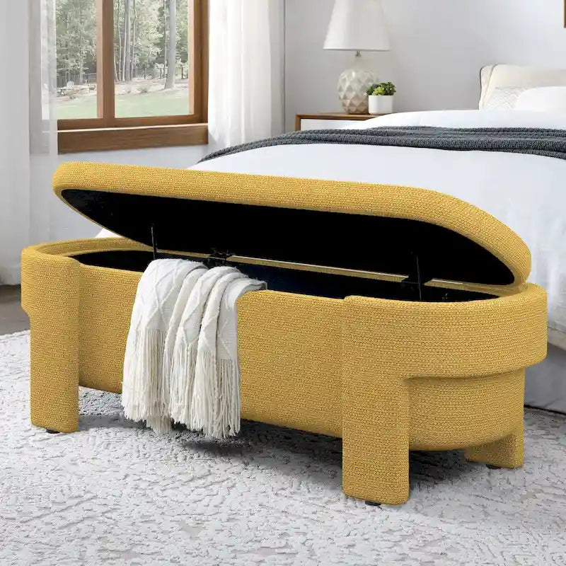 Banc de rangement capitonné Pouf ovale avec grand espace de rangement, Banc de bout de lit Repose-pieds en tissu de lin pour chambre à coucher et salon