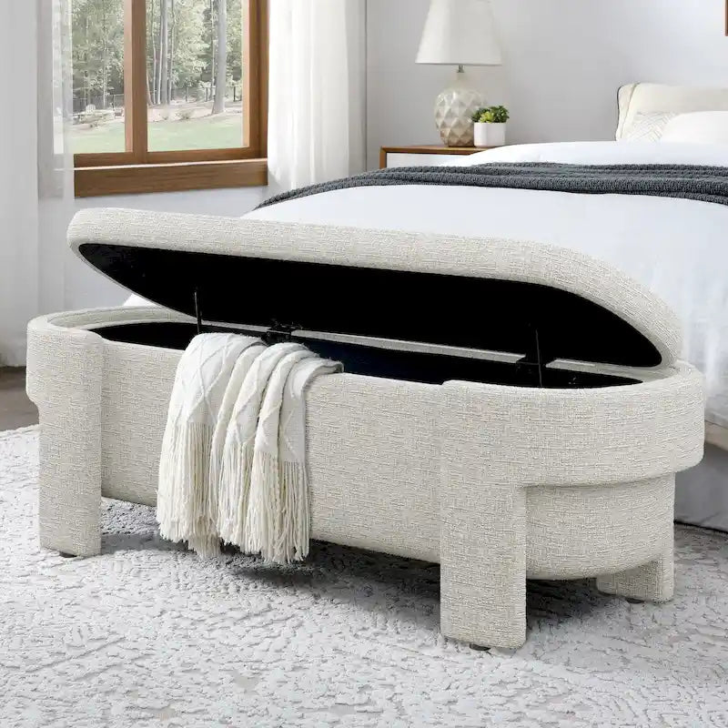 Banc de rangement capitonné Pouf ovale avec grand espace de rangement, Banc de bout de lit Repose-pieds en tissu de lin pour chambre à coucher et salon