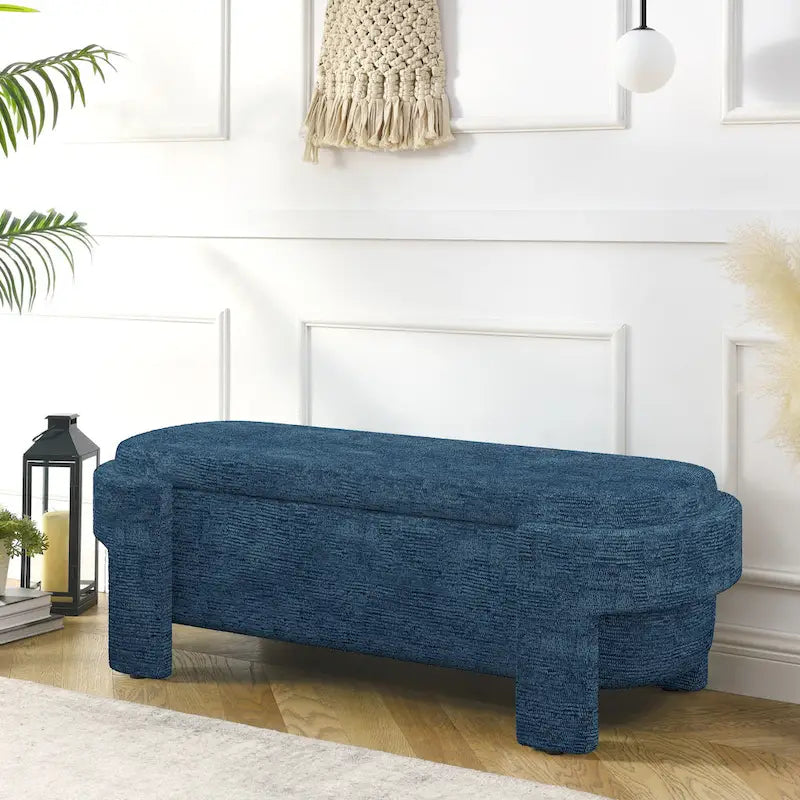 Banc de rangement capitonné Pouf ovale avec grand espace de rangement, Banc de bout de lit Repose-pieds en tissu de lin pour chambre à coucher et salon