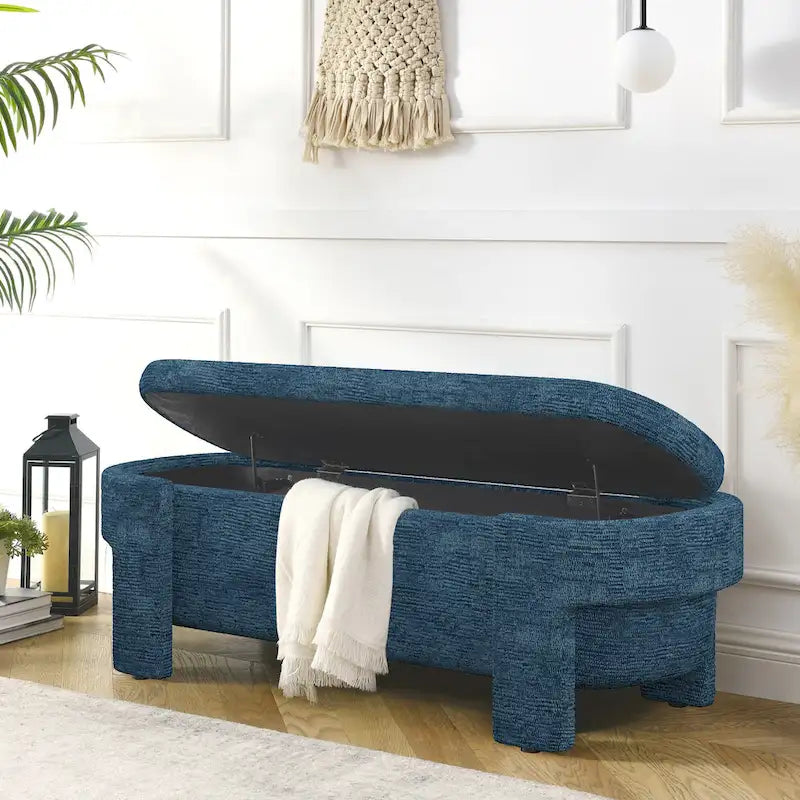 Banc de rangement capitonné Pouf ovale avec grand espace de rangement, Banc de bout de lit Repose-pieds en tissu de lin pour chambre à coucher et salon