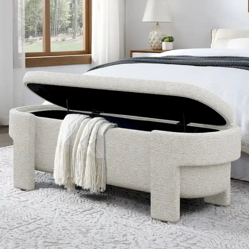 Banc de rangement capitonné Pouf ovale avec grand espace de rangement, Banc de bout de lit Repose-pieds en tissu de lin pour chambre à coucher et salon