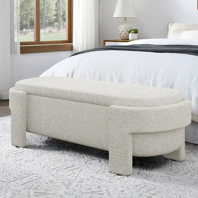 Banc de rangement capitonné Pouf ovale avec grand espace de rangement, Banc de bout de lit Repose-pieds en tissu de lin pour chambre à coucher et salon