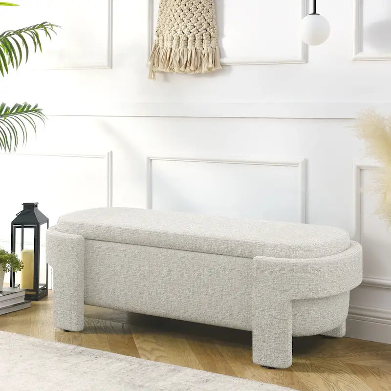 Banc de rangement capitonné Pouf ovale avec grand espace de rangement, Banc de bout de lit Repose-pieds en tissu de lin pour chambre à coucher et salon