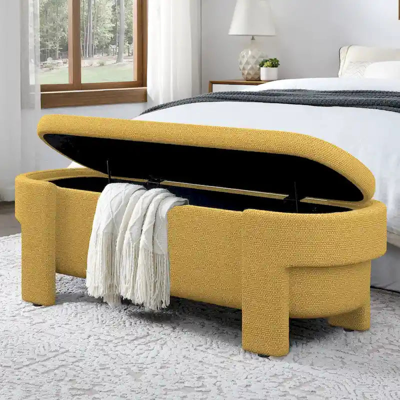 Banc de rangement capitonné Pouf ovale avec grand espace de rangement, Banc de bout de lit Repose-pieds en tissu de lin pour chambre à coucher et salon