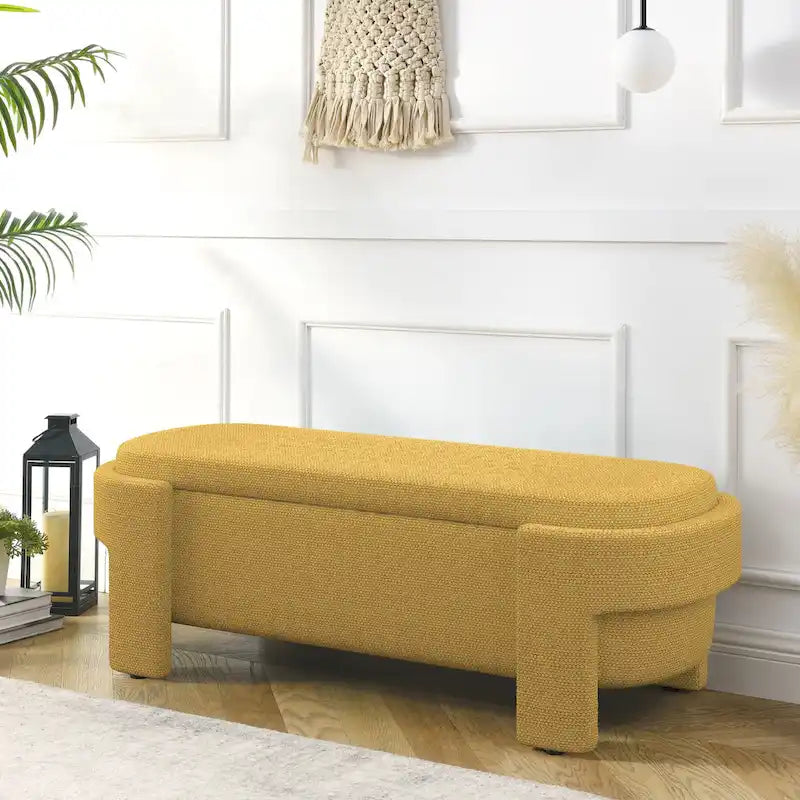 Banc de rangement capitonné Pouf ovale avec grand espace de rangement, Banc de bout de lit Repose-pieds en tissu de lin pour chambre à coucher et salon