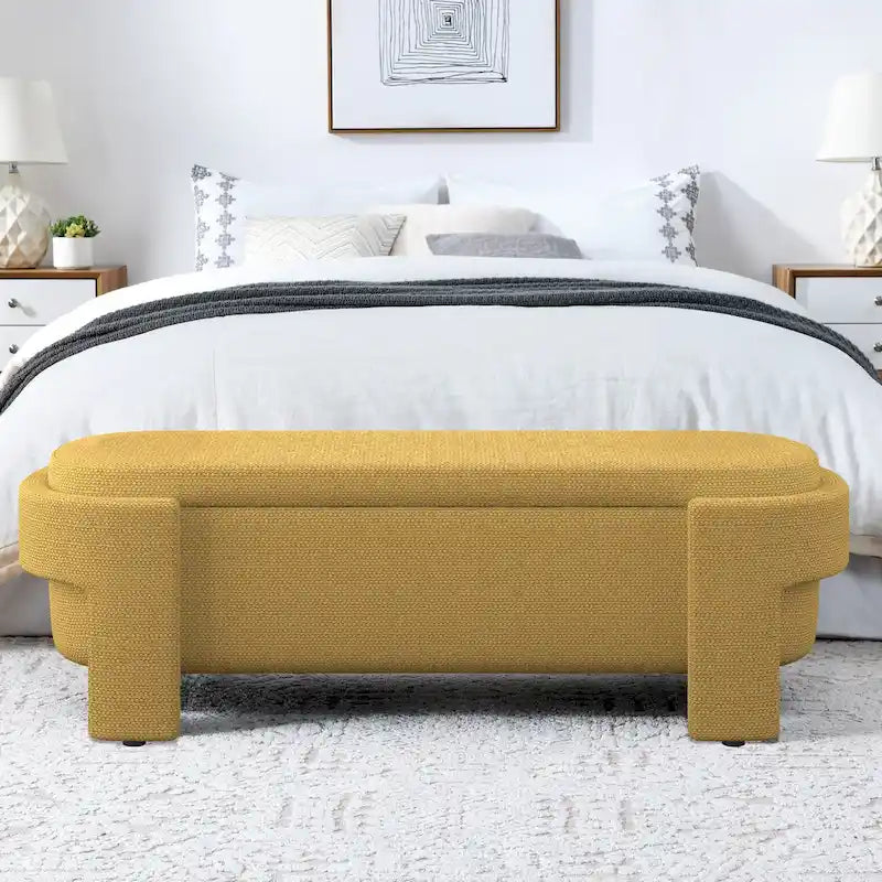 Banc de rangement capitonné Pouf ovale avec grand espace de rangement, Banc de bout de lit Repose-pieds en tissu de lin pour chambre à coucher et salon
