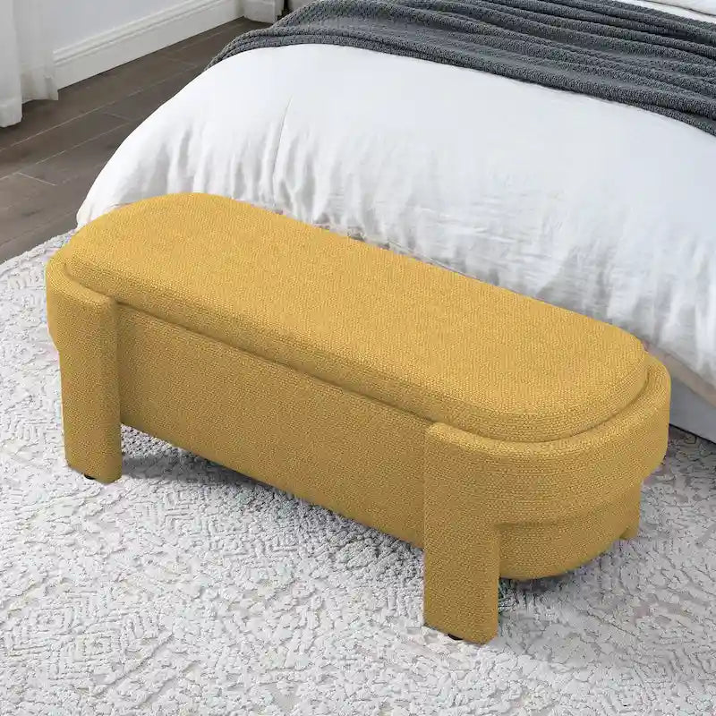 Banc de rangement capitonné Pouf ovale avec grand espace de rangement, Banc de bout de lit Repose-pieds en tissu de lin pour chambre à coucher et salon