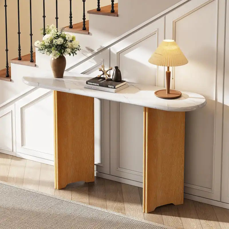 Console de table d'entrée ovale en faux marbre, table d'appoint étroite pour canapé avec base triangulaire