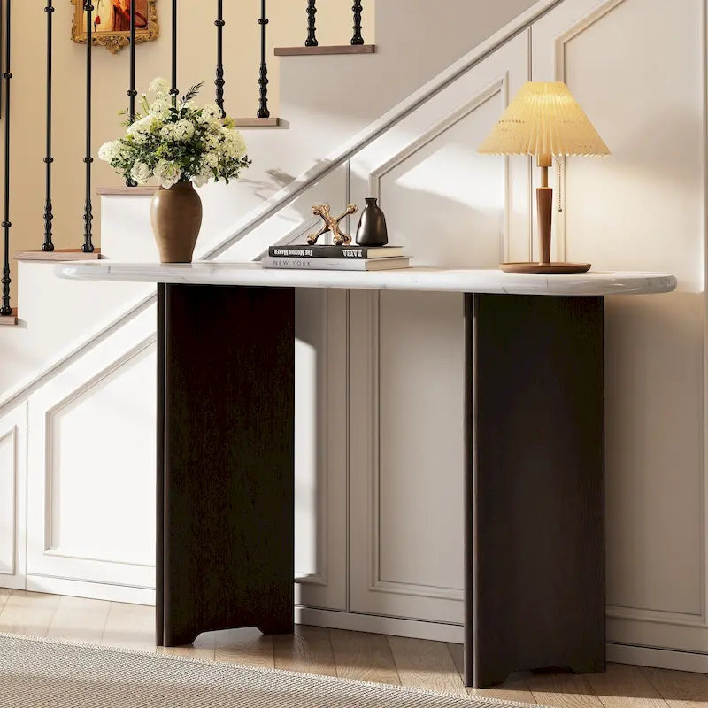 Console de table d'entrée ovale en faux marbre, table d'appoint étroite pour canapé avec base triangulaire