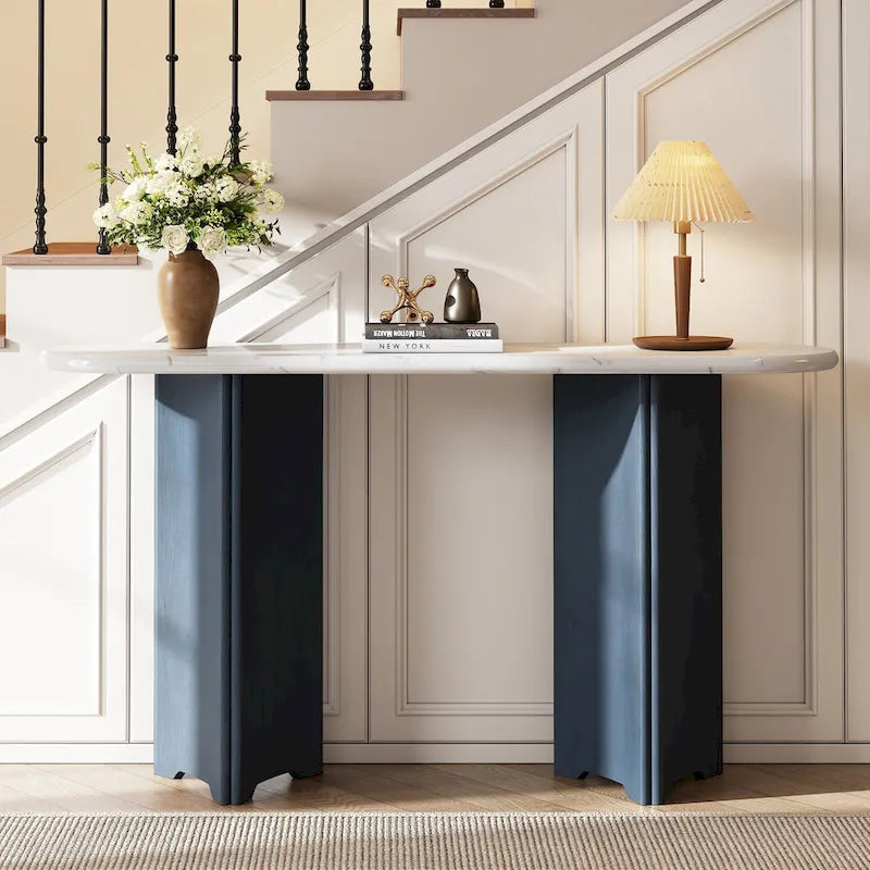 Console de table d'entrée ovale en faux marbre, table d'appoint étroite pour canapé avec base triangulaire