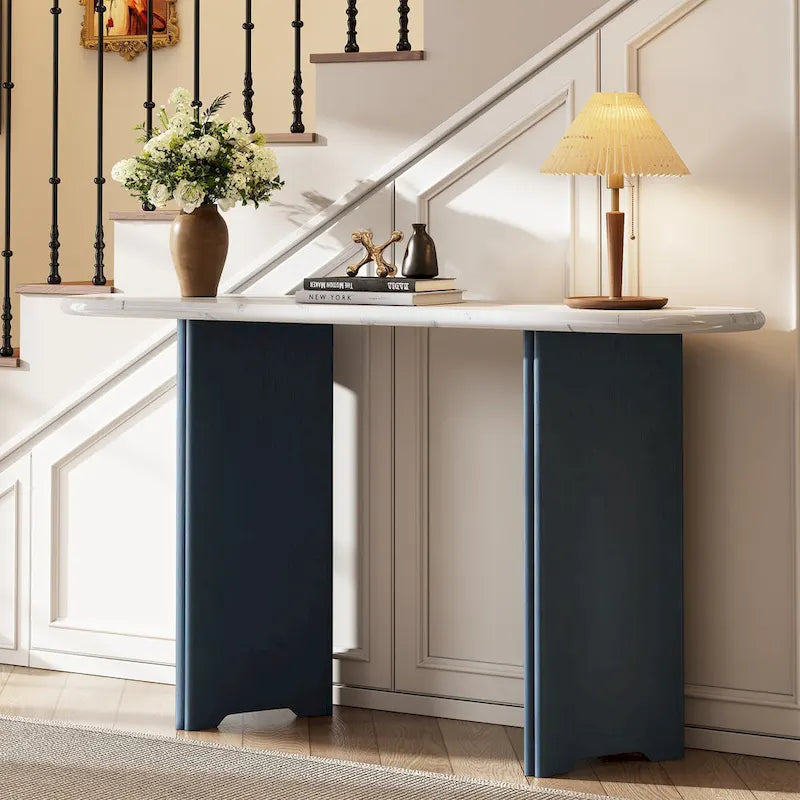 Console de table d'entrée ovale en faux marbre, table d'appoint étroite pour canapé avec base triangulaire