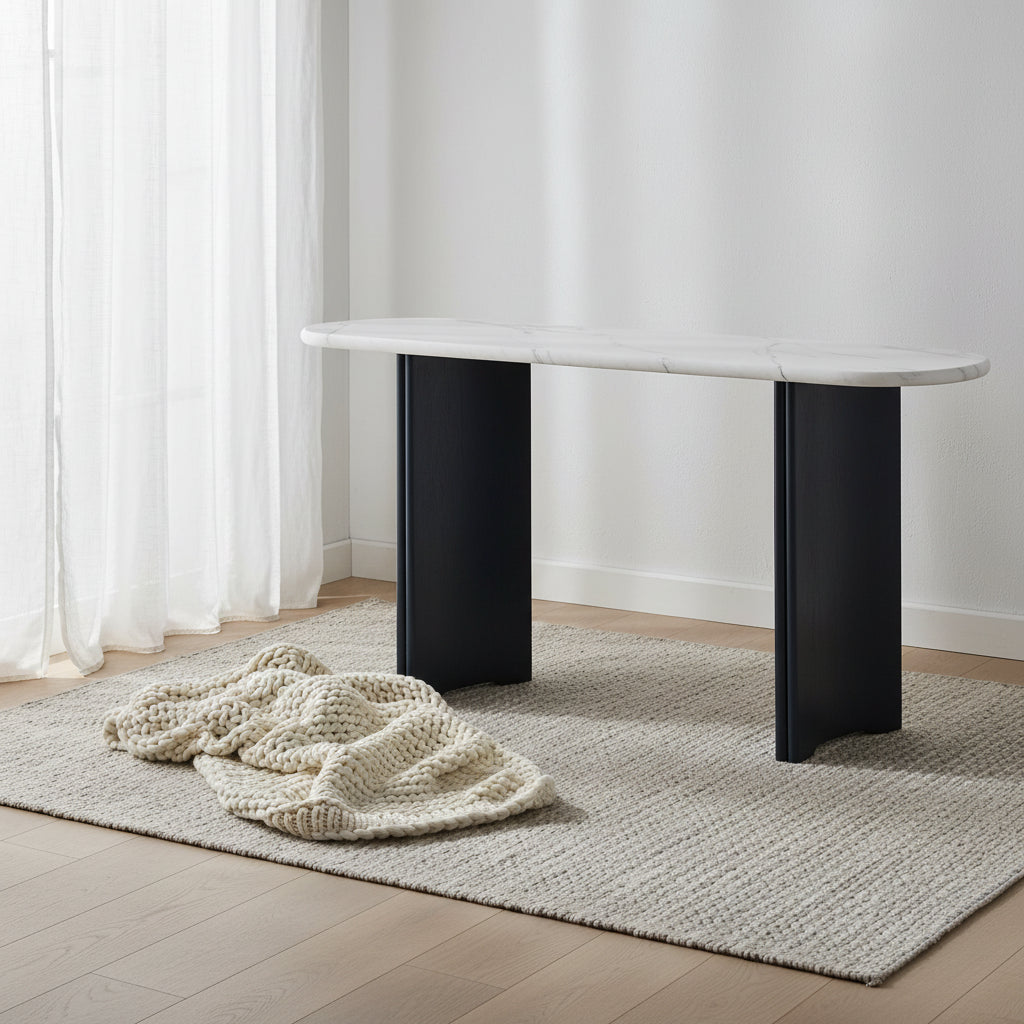 Console de table d'entrée ovale en faux marbre, table d'appoint étroite pour canapé avec base triangulaire