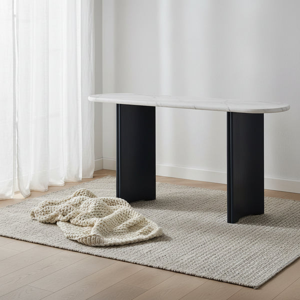 Oval Faux Marble Top Console Table Entryway Table, Narrow Sofa Table Hallway Accent Table with Triangular Base