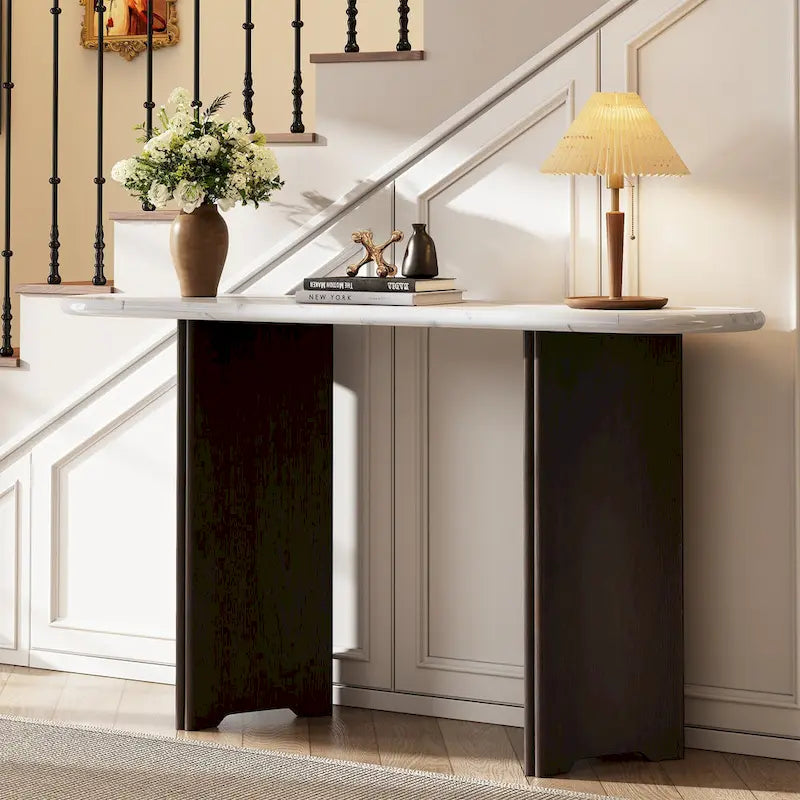 Console de table d'entrée ovale en faux marbre, table d'appoint étroite pour canapé avec base triangulaire