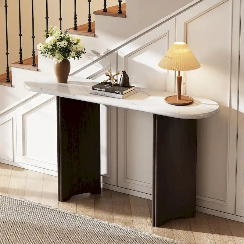 Console de table d'entrée ovale en faux marbre, table d'appoint étroite pour canapé avec base triangulaire