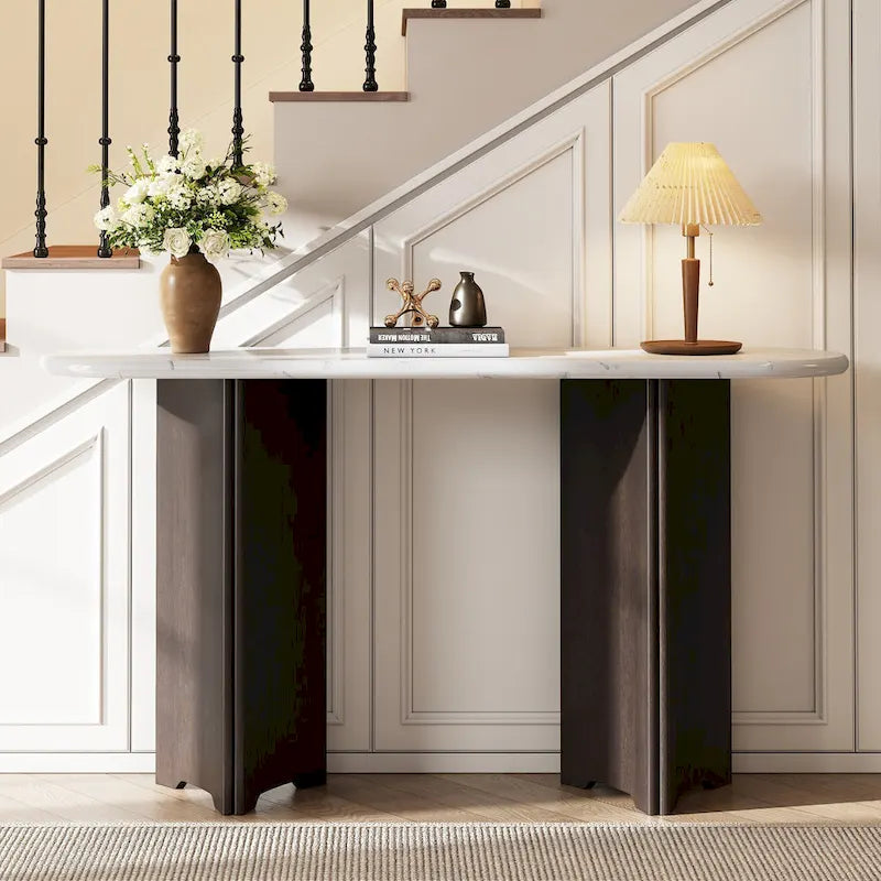Console de table d'entrée ovale en faux marbre, table d'appoint étroite pour canapé avec base triangulaire