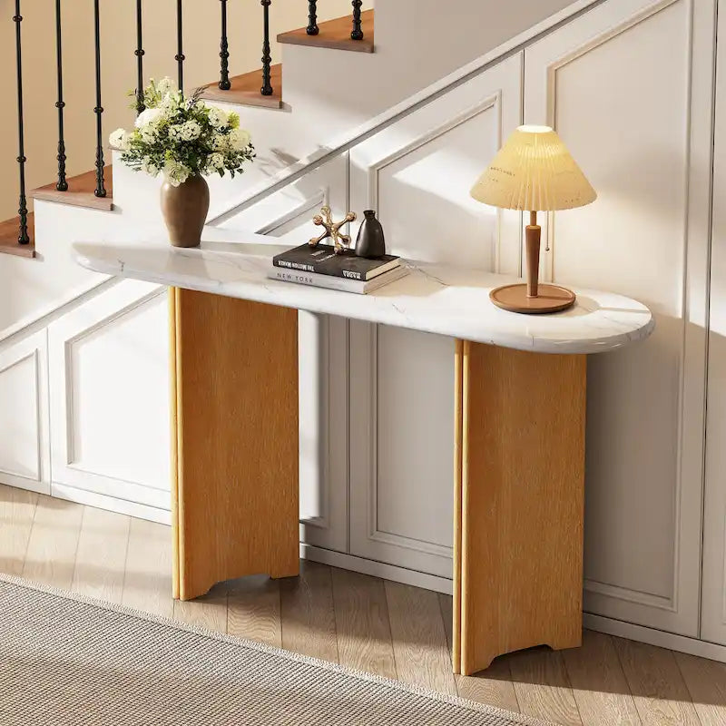 Console de table d'entrée ovale en faux marbre, table d'appoint étroite pour canapé avec base triangulaire