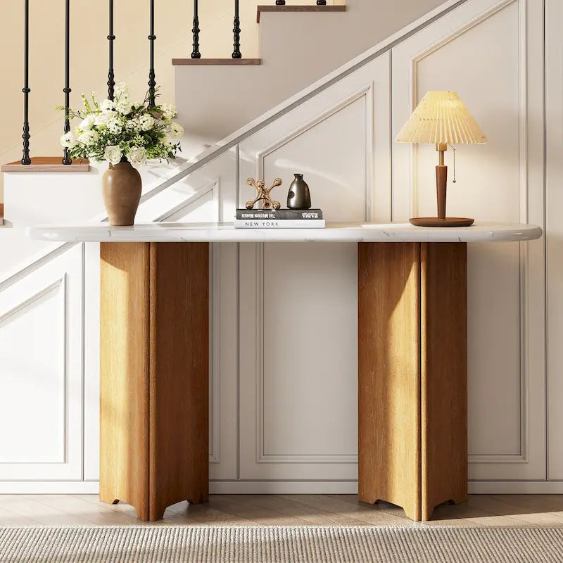 Console de table d'entrée ovale en faux marbre, table d'appoint étroite pour canapé avec base triangulaire