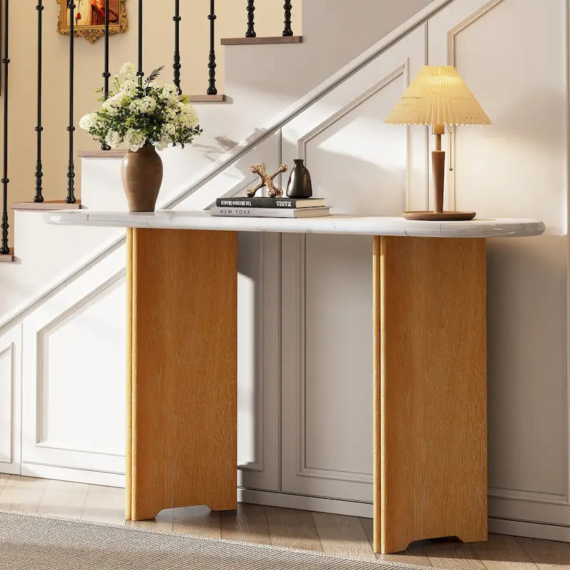Console de table d'entrée ovale en faux marbre, table d'appoint étroite pour canapé avec base triangulaire