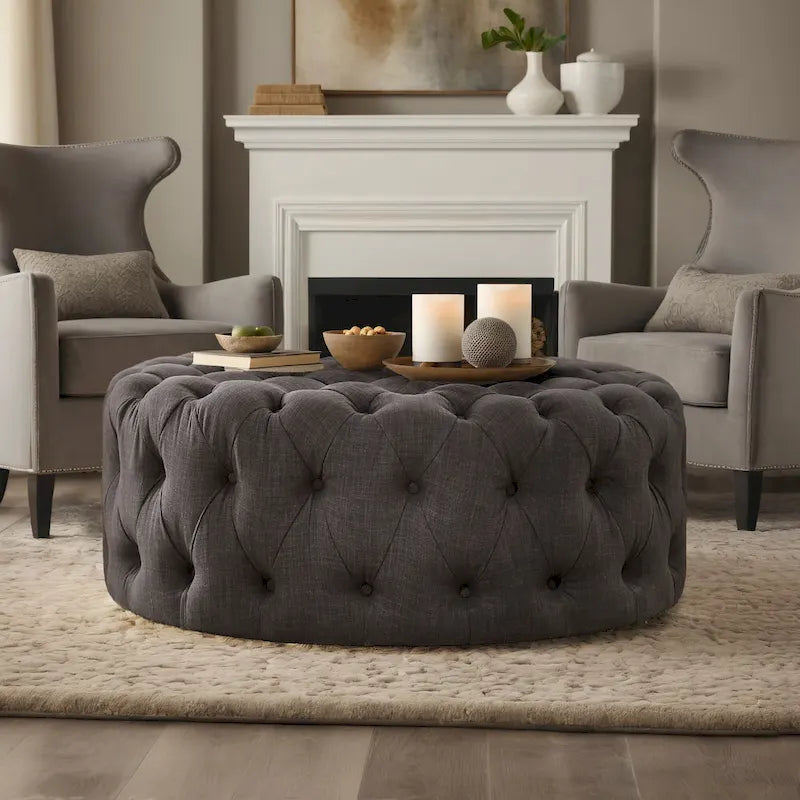 Pouf rond capitonné sur roulettes
