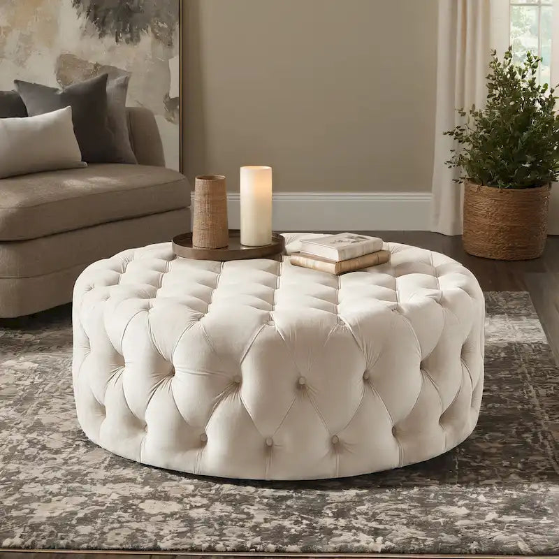 Pouf rond capitonné sur roulettes