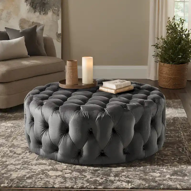 Pouf rond capitonné sur roulettes