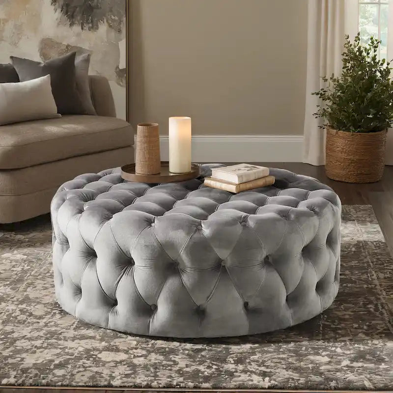 Pouf rond capitonné sur roulettes