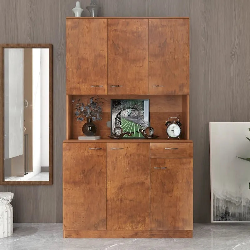 Armoire haute et meuble de cuisine de 180 cm, avec 6 portes, 1 étagère ouverte et 1 tiroir pour chambre à coucher, Noyer