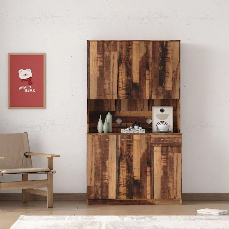 Armoire haute et meuble de cuisine de 180 cm, avec 6 portes, 1 étagère ouverte et 1 tiroir pour chambre à coucher, Noyer