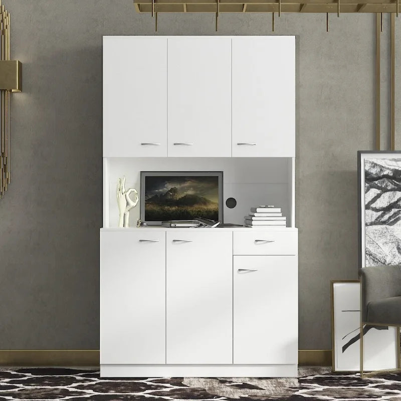 Armoire haute et meuble de cuisine de 180 cm, avec 6 portes, 1 étagère ouverte et 1 tiroir pour chambre à coucher, Noyer