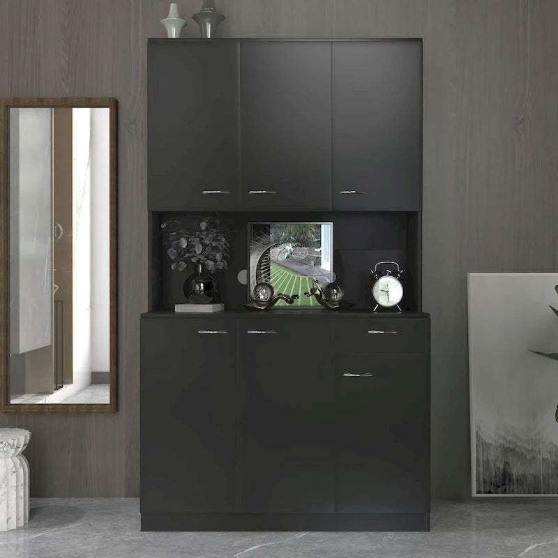 Armoire haute et meuble de cuisine de 180 cm, avec 6 portes, 1 étagère ouverte et 1 tiroir pour chambre à coucher, Noyer