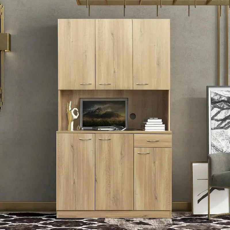 Armoire haute et meuble de cuisine de 180 cm, avec 6 portes, 1 étagère ouverte et 1 tiroir pour chambre à coucher, Noyer