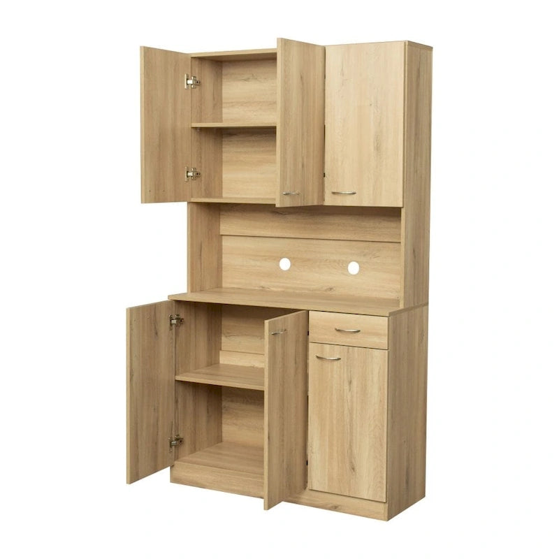 Armoire haute et meuble de cuisine de 180 cm, avec 6 portes, 1 étagère ouverte et 1 tiroir pour chambre à coucher, Noyer