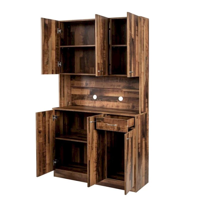 Armoire haute et meuble de cuisine de 180 cm, avec 6 portes, 1 étagère ouverte et 1 tiroir pour chambre à coucher, Noyer