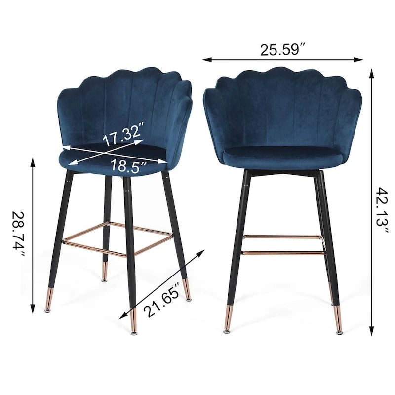 Lot de 2 tabourets de bar en velours, hauteur 42