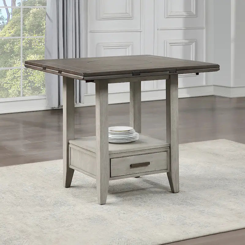 Table de salle à manger bicolore à hauteur de comptoir avec rallonges latérales