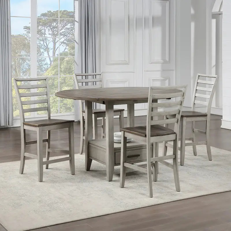 Table de salle à manger bicolore à hauteur de comptoir avec rallonges latérales