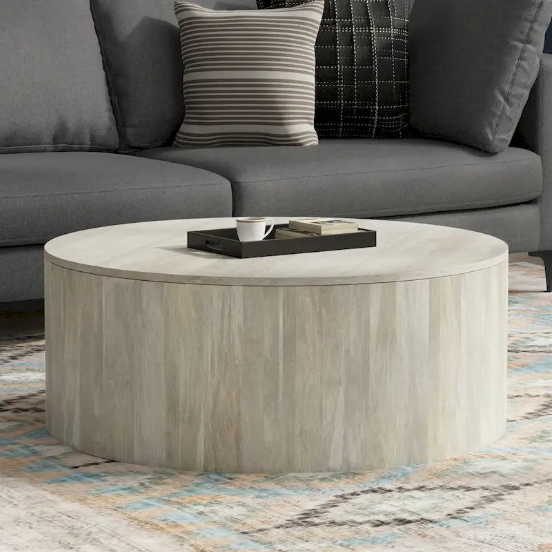 Table basse contemporaine ronde en bois de manguier massif, type tambour, de 36 pouces de large et entièrement assemblée - 36p x 36L x 14H
