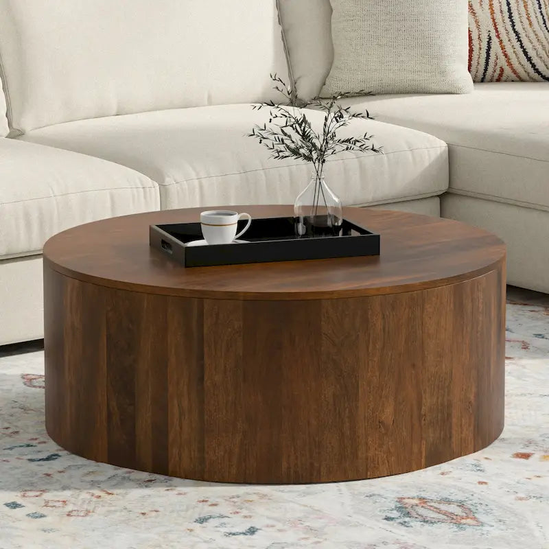 Table basse contemporaine ronde en bois de manguier massif, type tambour, de 36 pouces de large et entièrement assemblée - 36p x 36L x 14H