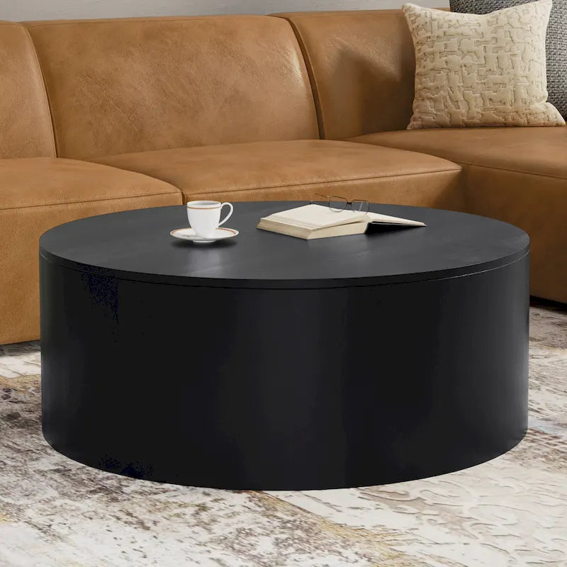 Table basse contemporaine ronde en bois de manguier massif, type tambour, de 36 pouces de large et entièrement assemblée - 36p x 36L x 14H