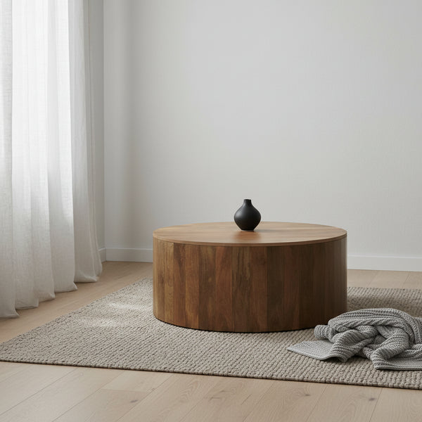 SOLID MANGO WOOD 36 inch Wide Round Contemporary Drum Coffee Table & Fully Assembled - 36d x 36 w x 14h